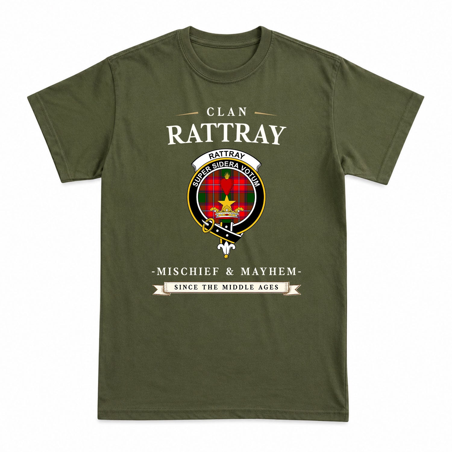 Rattray Modern Tartan Crest Mischief and Mayhem T-shirt