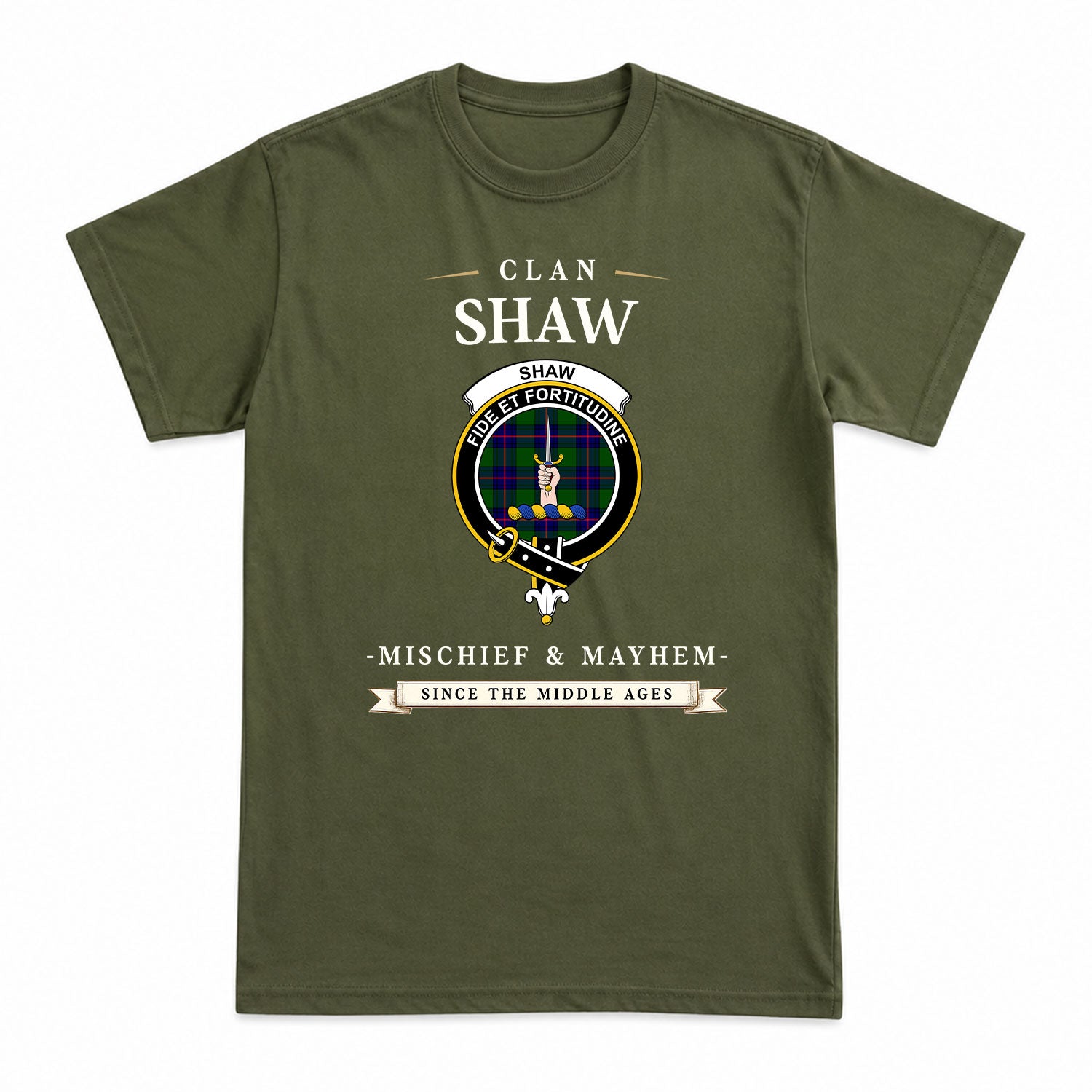 Shaw Modern Tartan Crest Mischief and Mayhem T-shirt