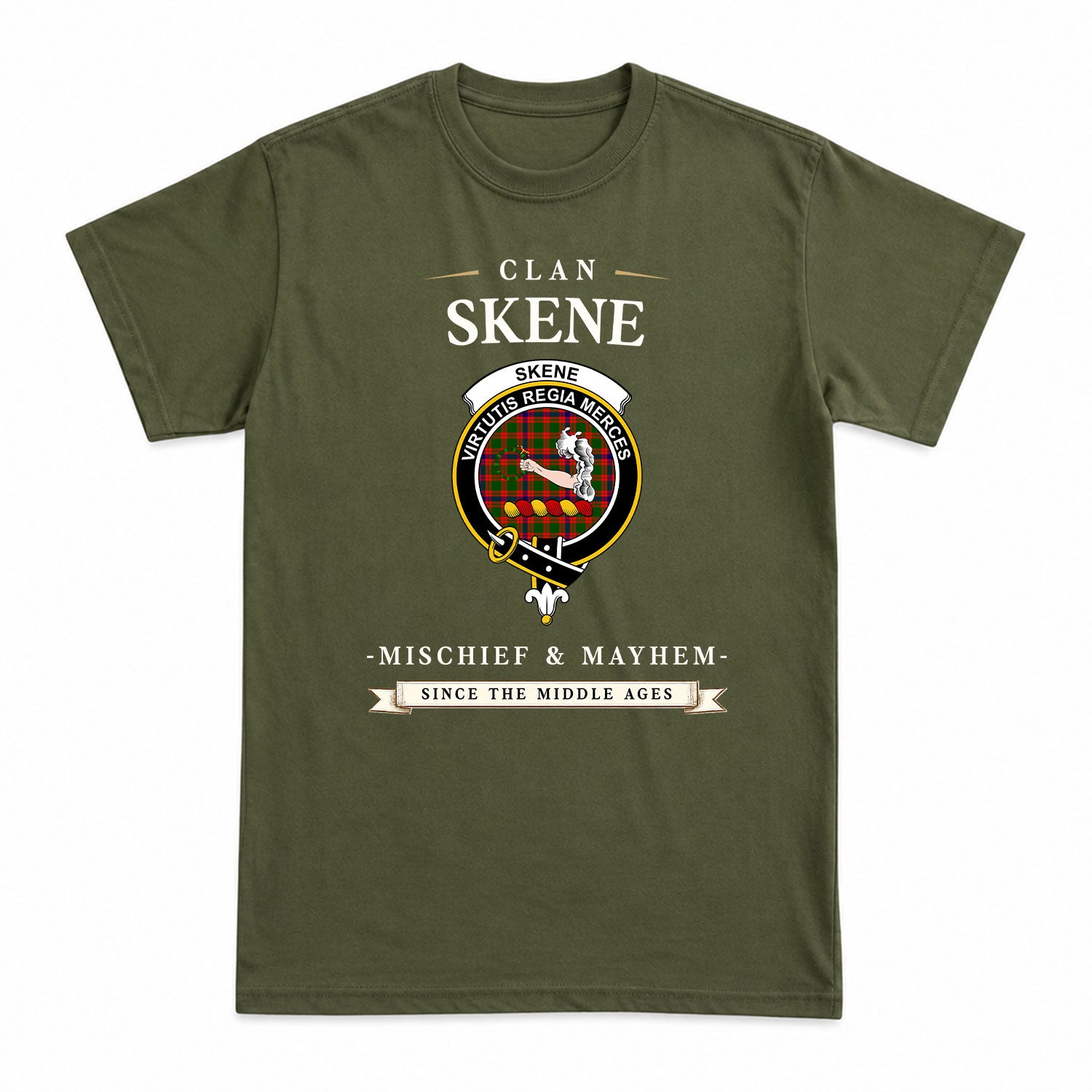 Skene Modern Tartan Crest Mischief and Mayhem T-shirt