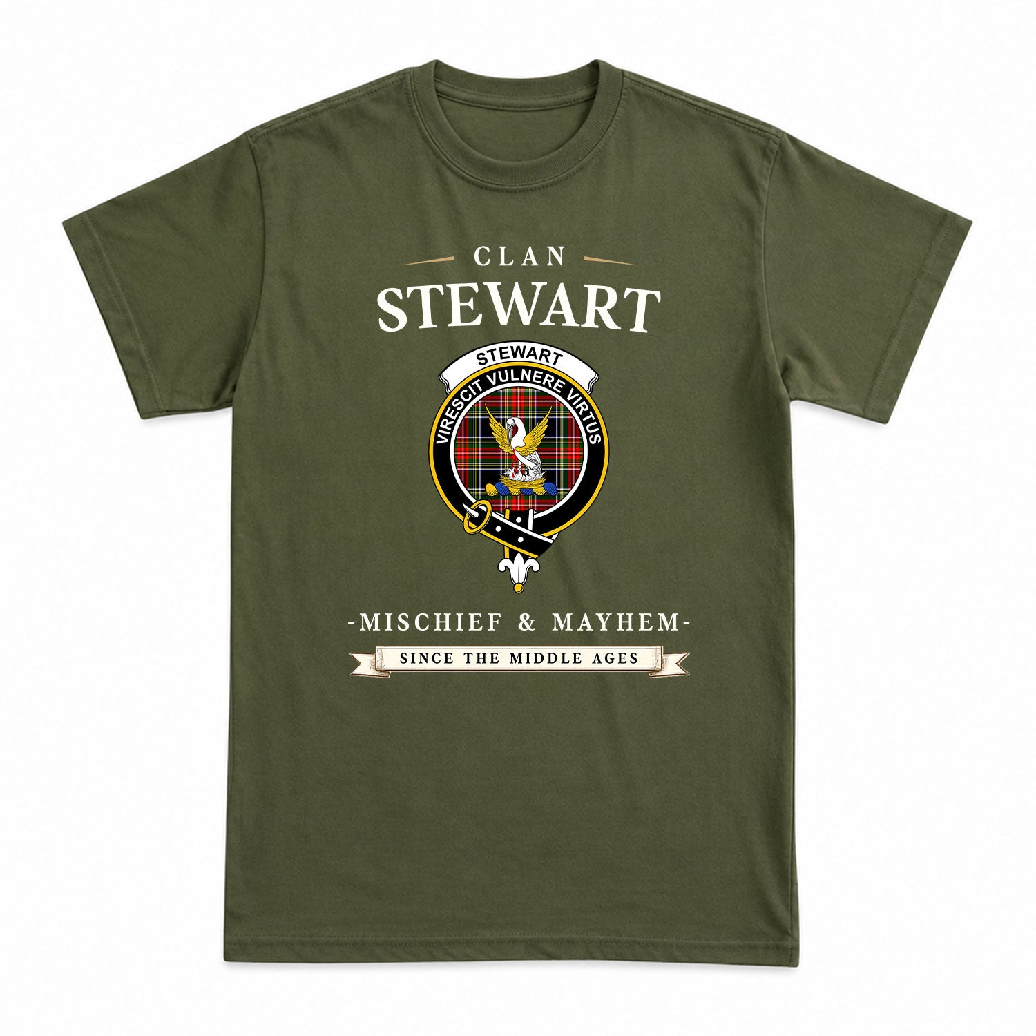 Stewart Black Tartan Crest Mischief and Mayhem T-shirt