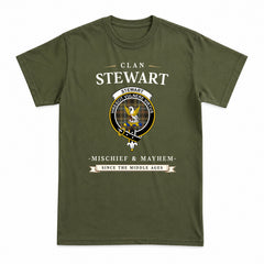 Stewart Hunting Weathered Tartan Crest Mischief and Mayhem T-shirt