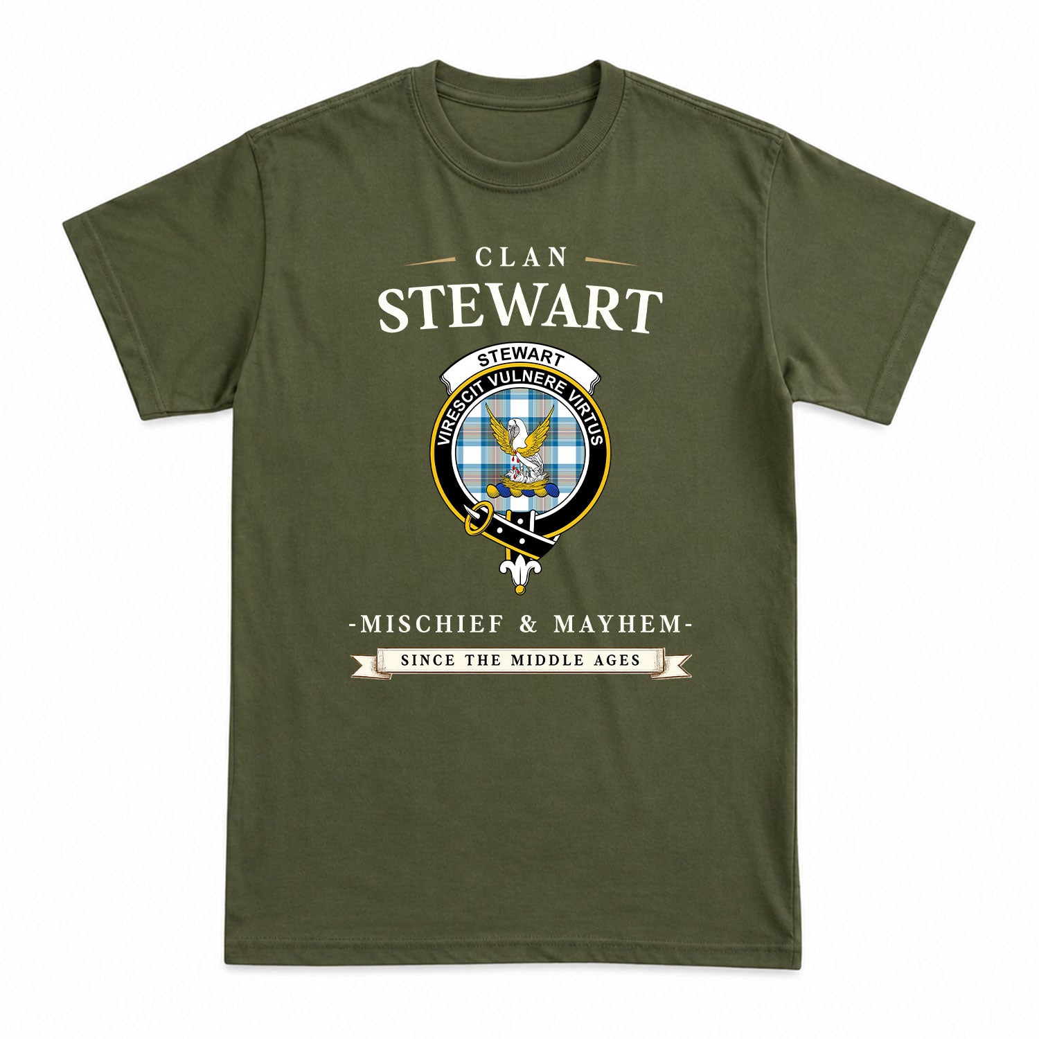 Stewart Muted Blue Tartan Crest Mischief and Mayhem T-shirt