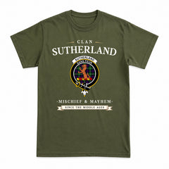 Sutherland Modern Tartan Crest Mischief and Mayhem T-shirt