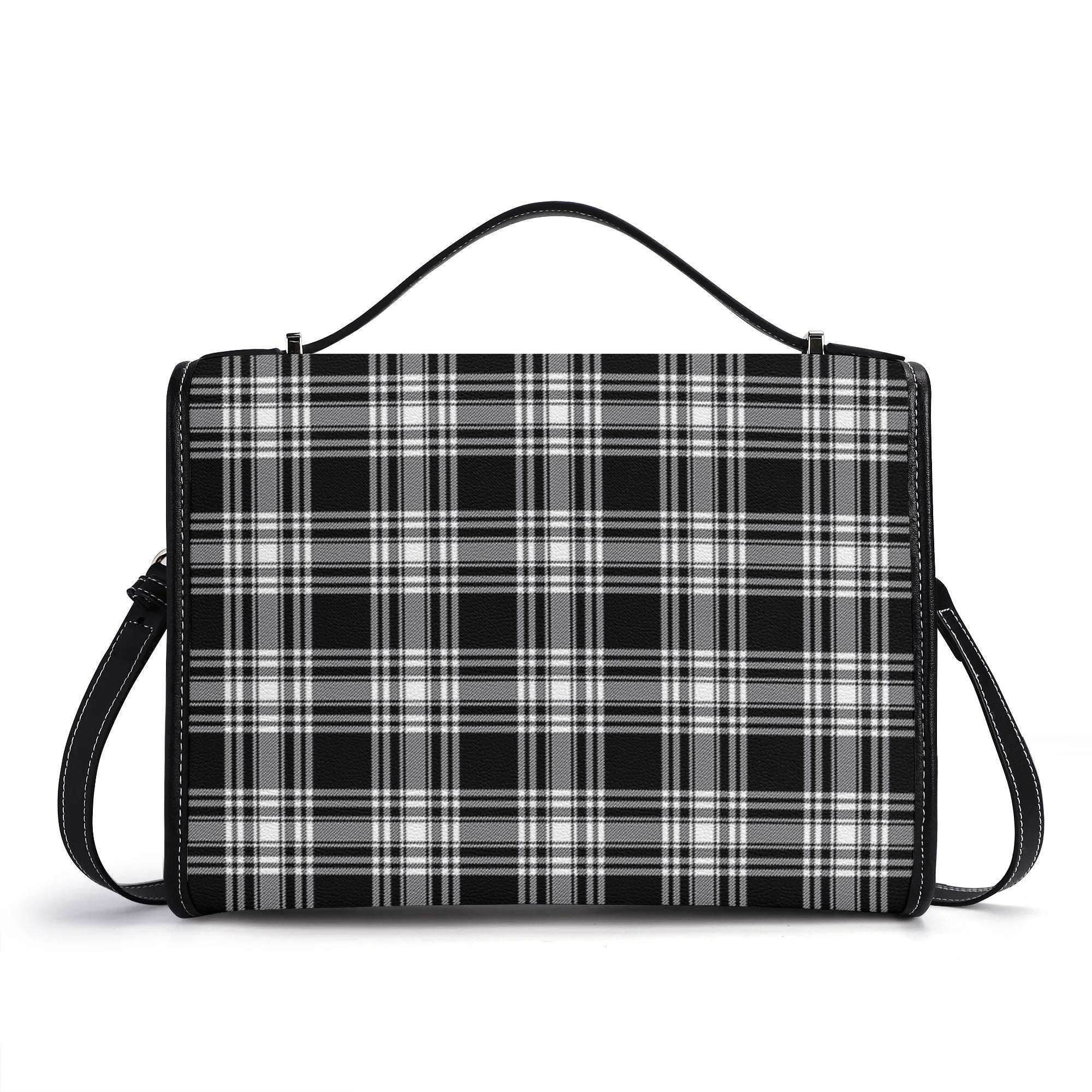 Menzies Black - White Modern Tartan Crest Satchel Bag