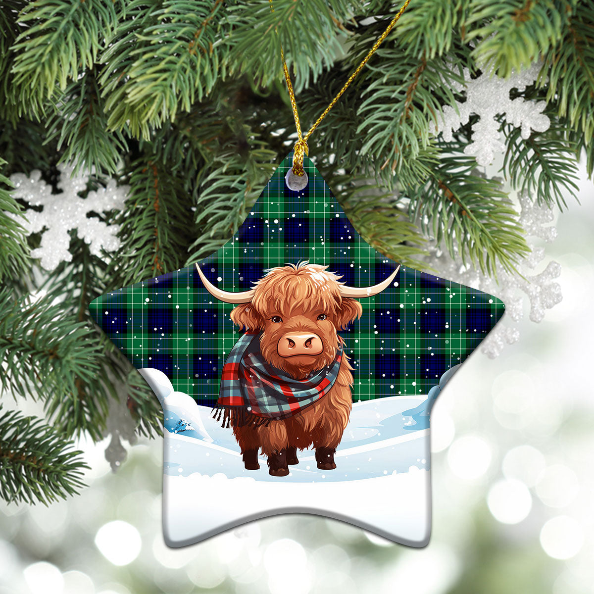 Abercrombie Tartan Christmas Ceramic Ornament - Highland Cows Snow Style