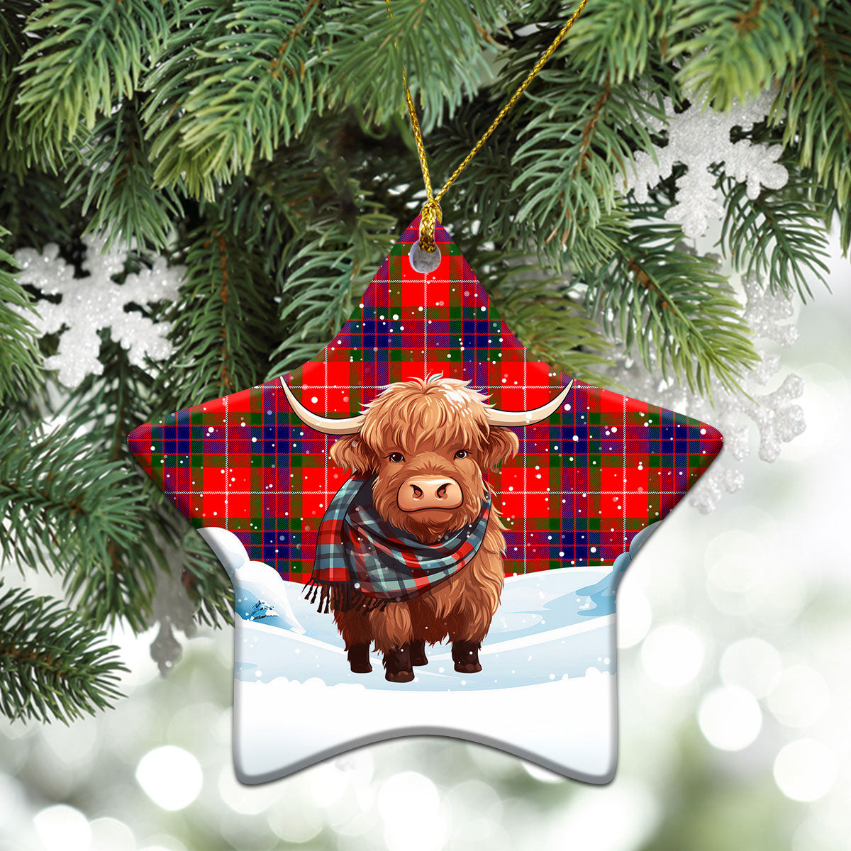 Abernathy Tartan Christmas Ceramic Ornament - Highland Cows Snow Style