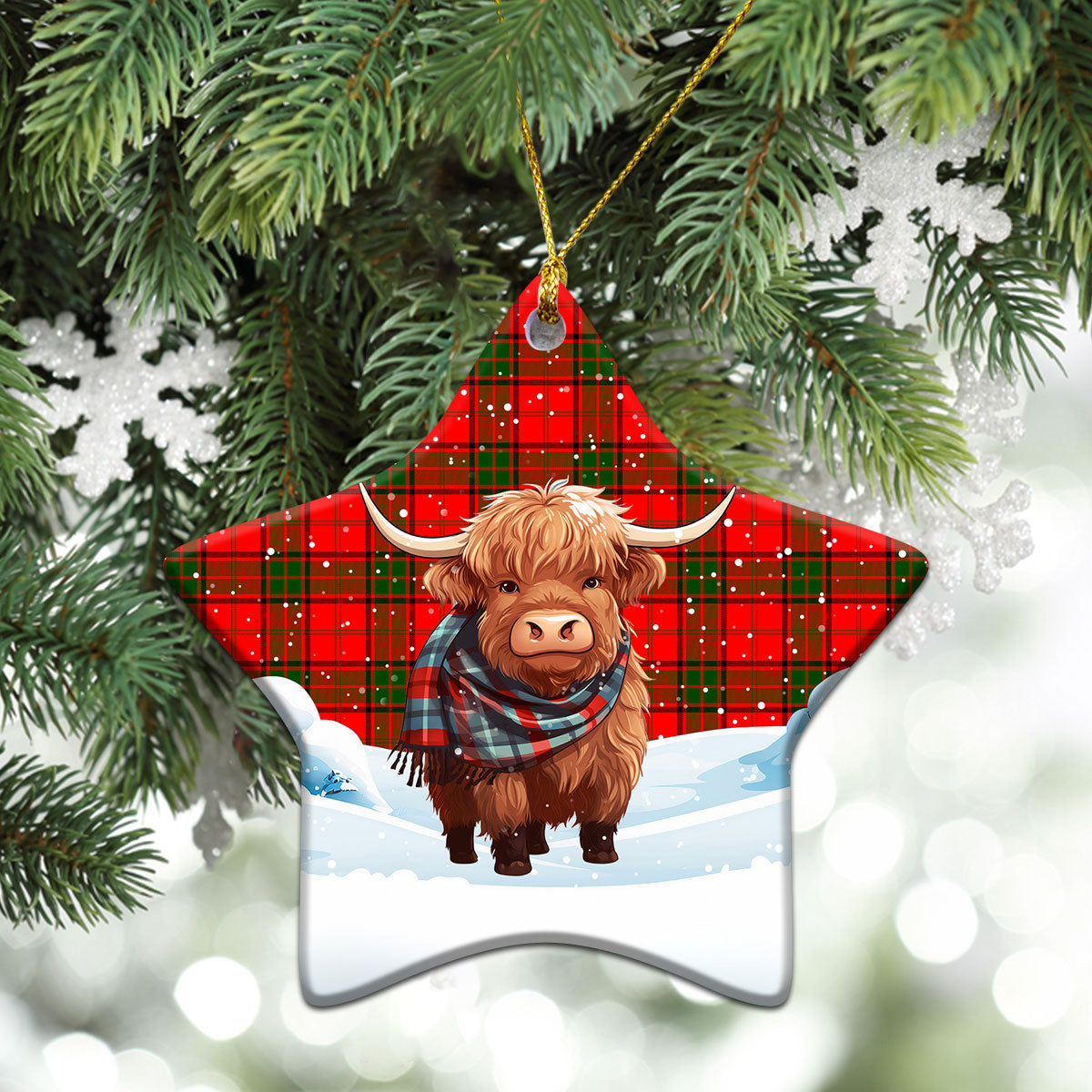 Adair Modern Tartan Christmas Ceramic Ornament - Highland Cows Snow Style