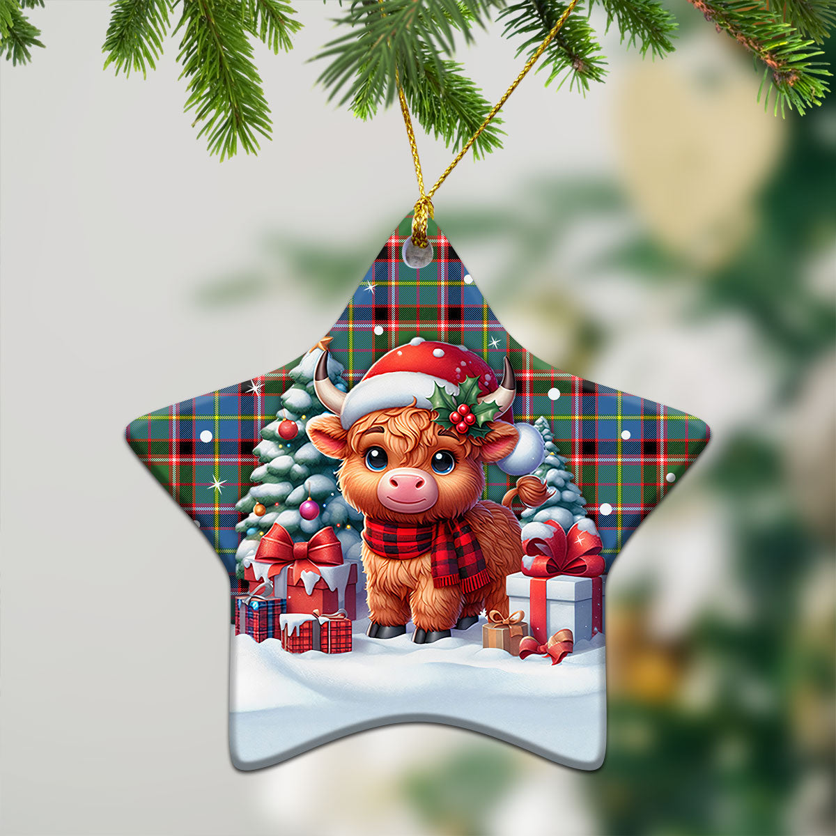 Aikenhead Tartan Christmas Ceramic Ornament - Highland Cow Winter Style