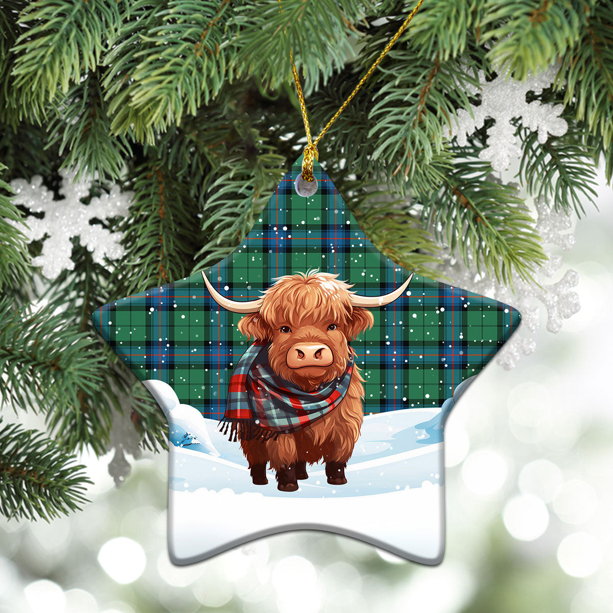 Armstrong Ancient Tartan Christmas Ceramic Ornament - Highland Cows Snow Style