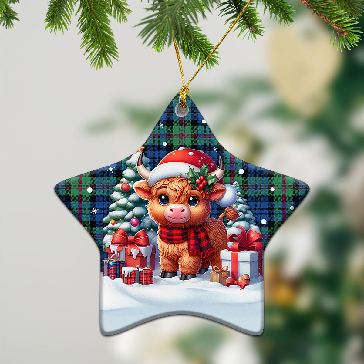 Baird Ancient Tartan Christmas Ceramic Ornament - Highland Cow Winter Style