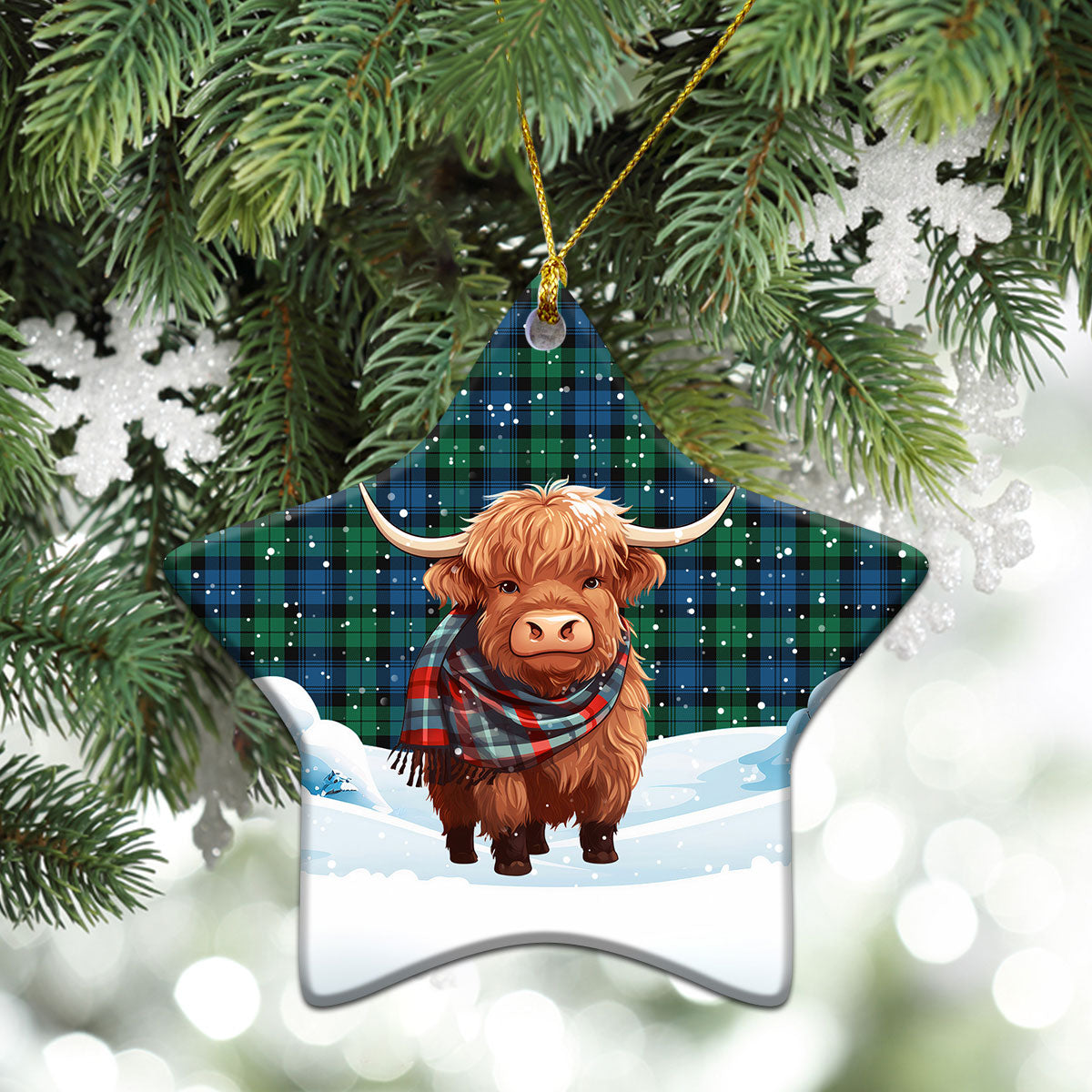 Black Watch Ancient Tartan Christmas Ceramic Ornament - Highland Cows Snow Style