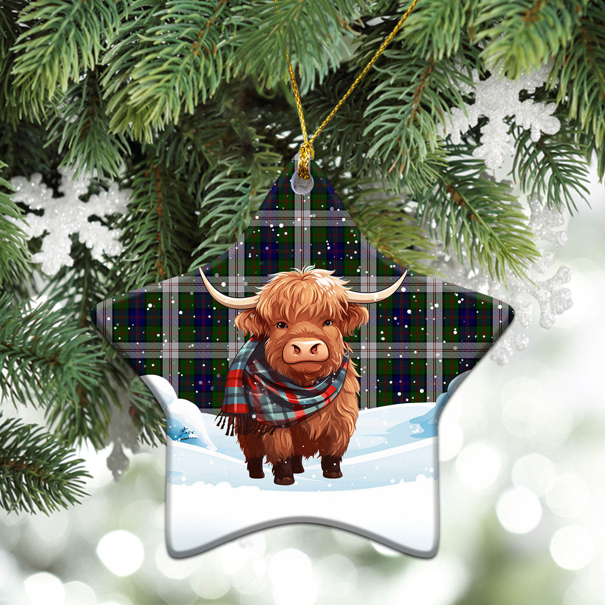 Blair Dress Tartan Christmas Ceramic Ornament - Highland Cows Snow Style