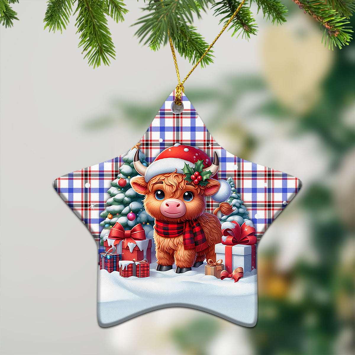 Boswell Modern Tartan Christmas Ceramic Ornament - Highland Cow Winter Style