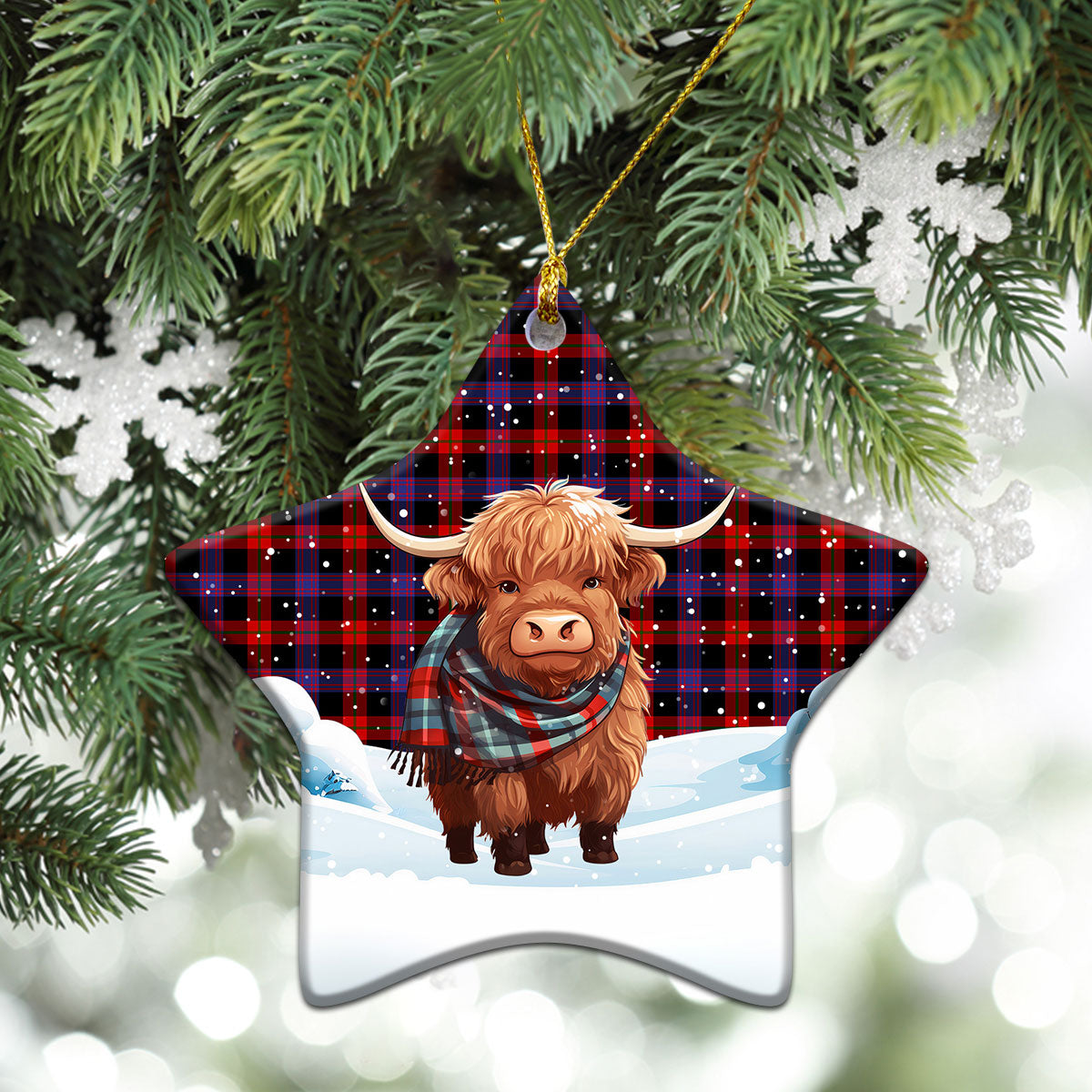 Broun Modern Tartan Christmas Ceramic Ornament - Highland Cows Snow Style