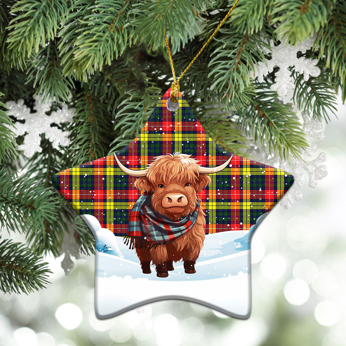 Buchanan Modern Tartan Christmas Ceramic Ornament - Highland Cows Snow Style