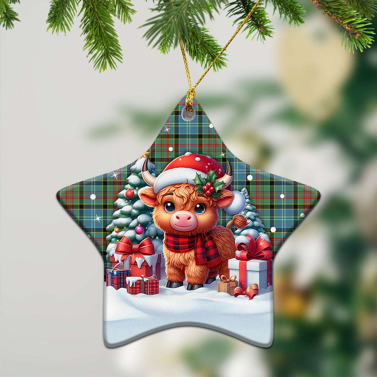 Caldwell Tartan Christmas Ceramic Ornament - Highland Cow Winter Style