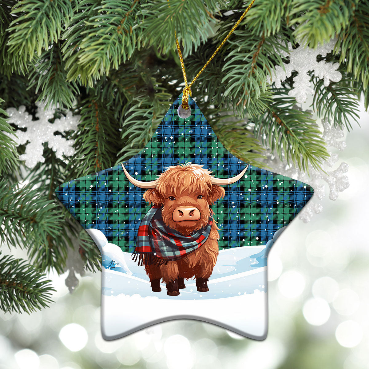 Campbell Ancient 01 Tartan Christmas Ceramic Ornament - Highland Cows Snow Style