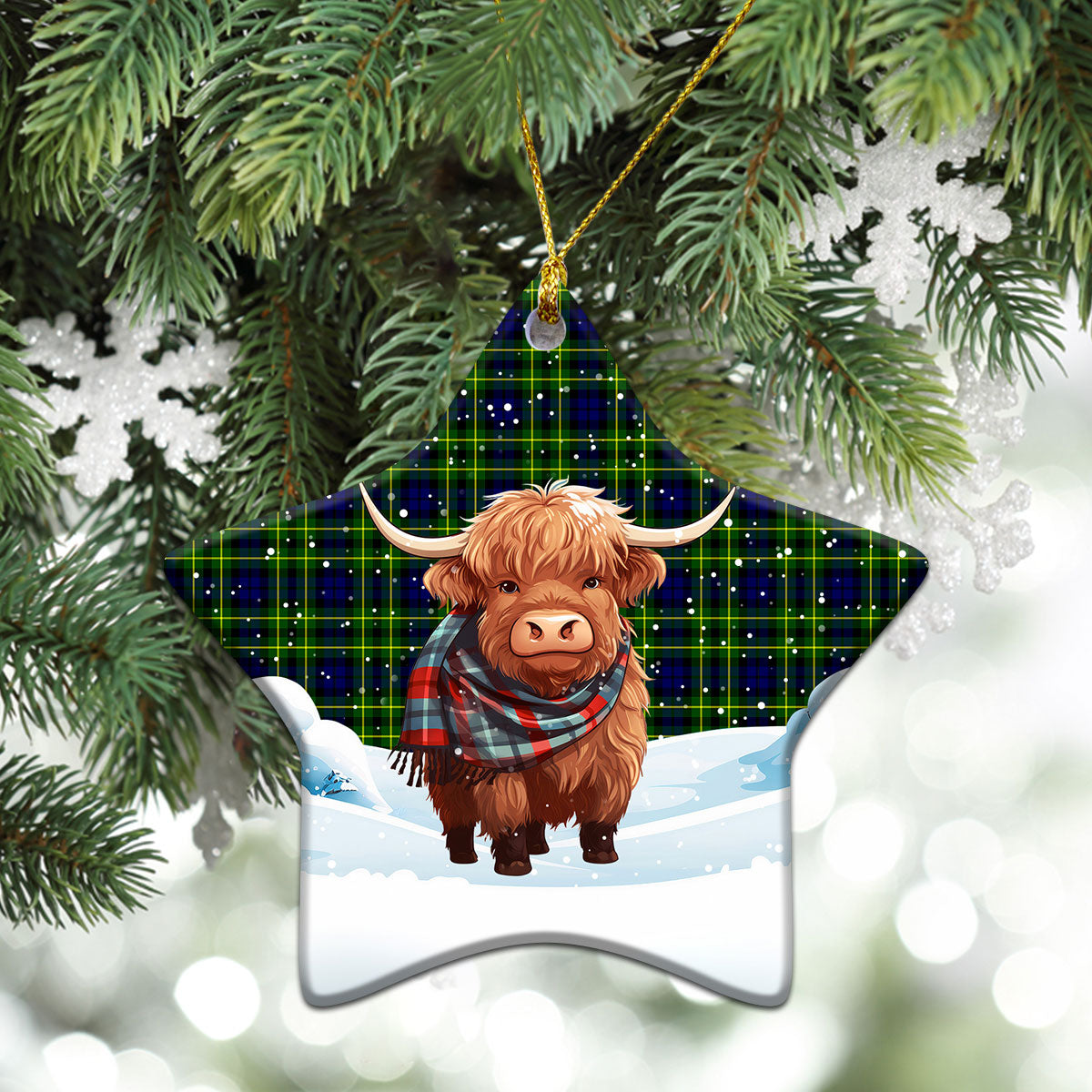 Campbell of Breadalbane Modern Tartan Christmas Ceramic Ornament - Highland Cows Snow Style