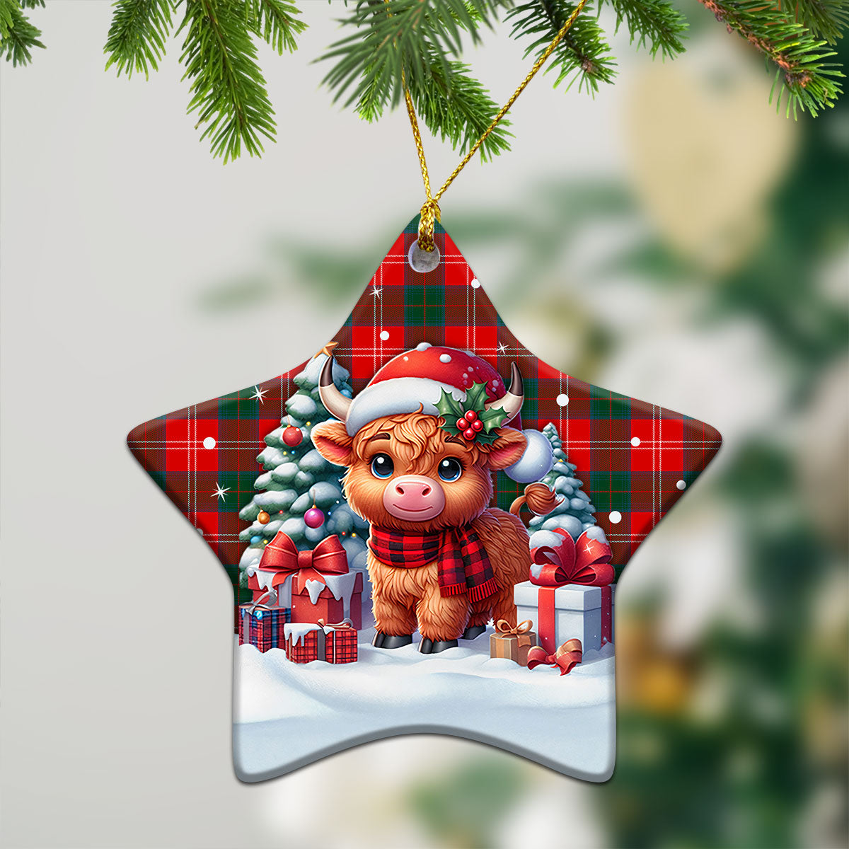 Chisholm Modern Tartan Christmas Ceramic Ornament - Highland Cow Winter Style