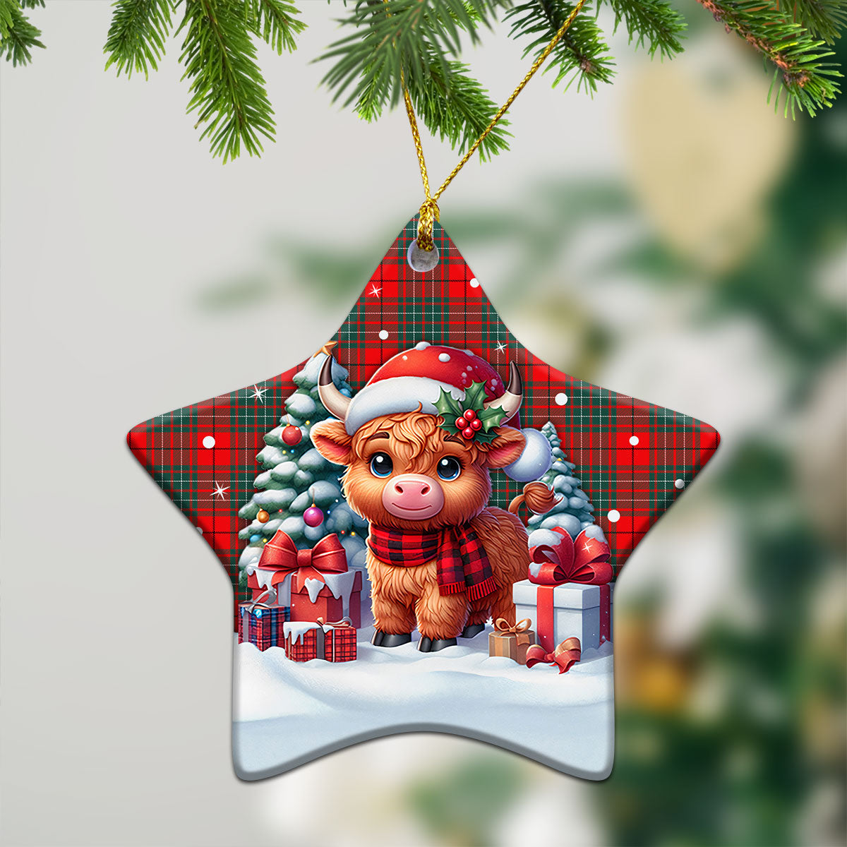 Cumming Modern Tartan Christmas Ceramic Ornament - Highland Cow Winter Style