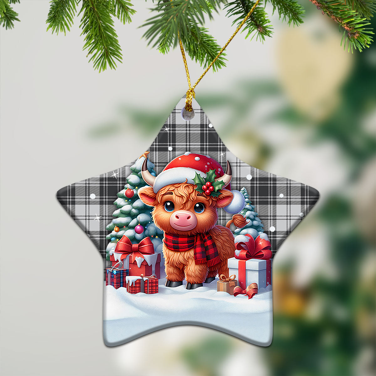 Douglas Grey Modern Tartan Christmas Ceramic Ornament - Highland Cow Winter Style