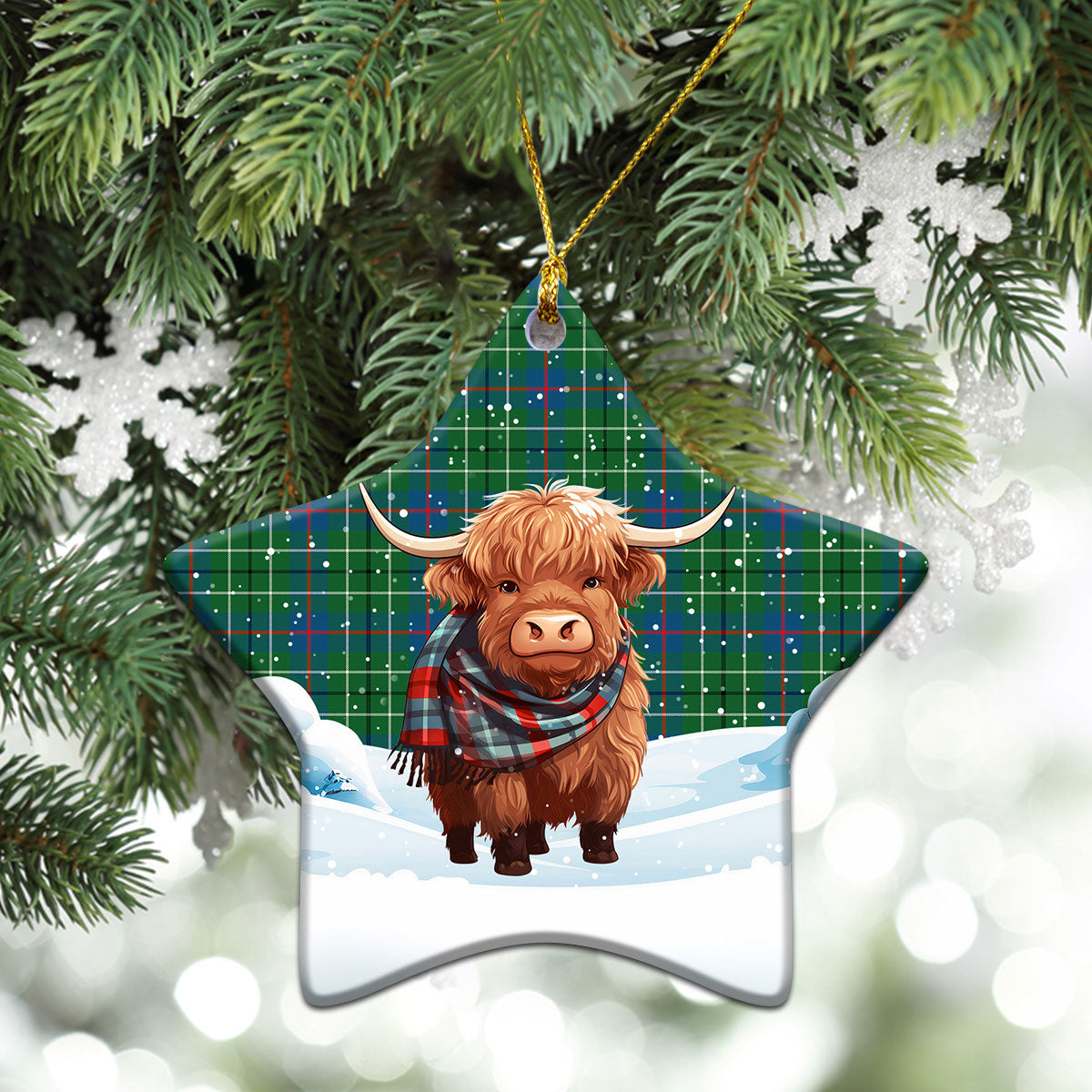 Duncan Ancient Tartan Christmas Ceramic Ornament - Highland Cows Snow Style