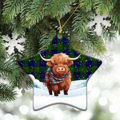 Dundas Modern Tartan Christmas Ceramic Ornament - Highland Cows Snow Style