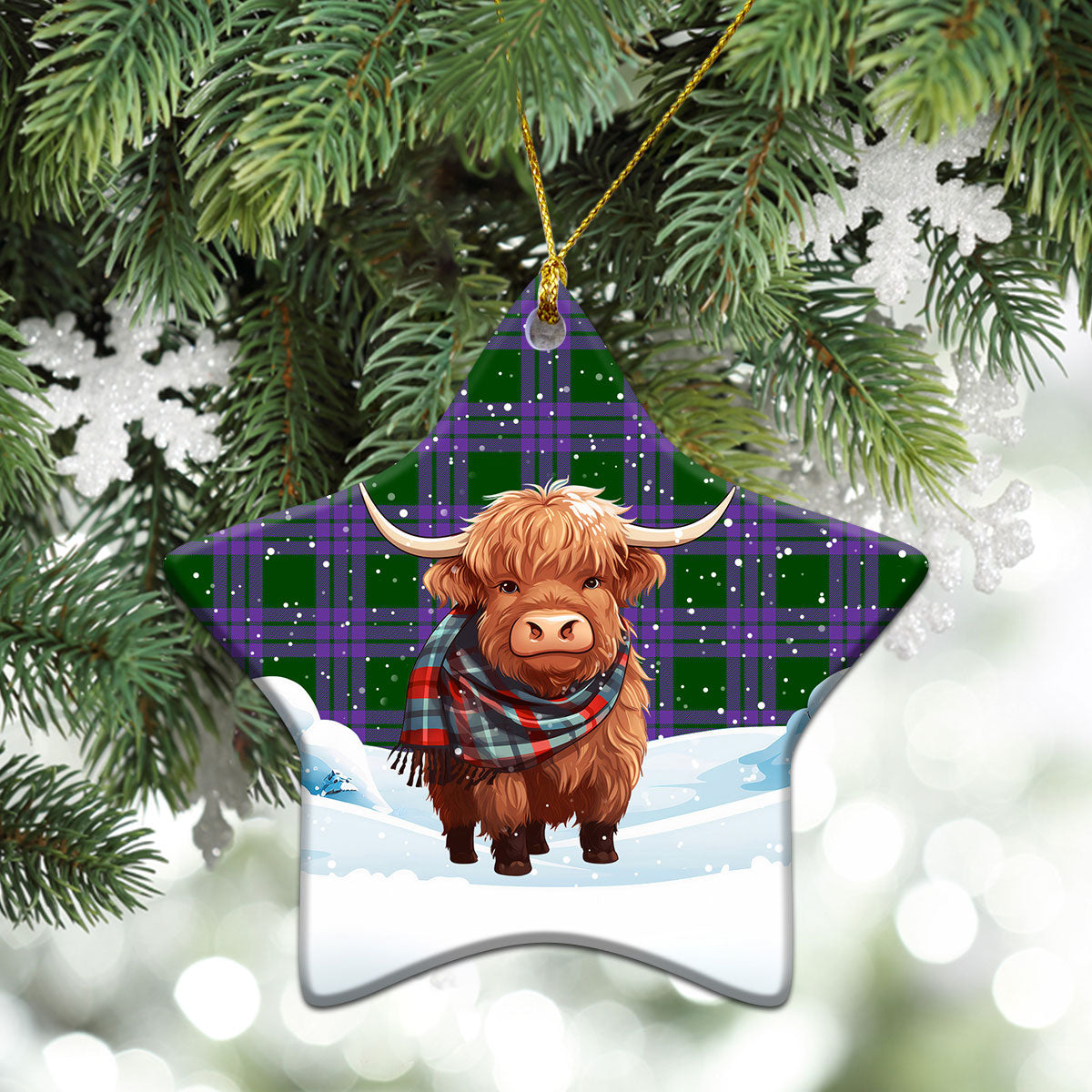 Elphinstone Tartan Christmas Ceramic Ornament - Highland Cows Snow Style