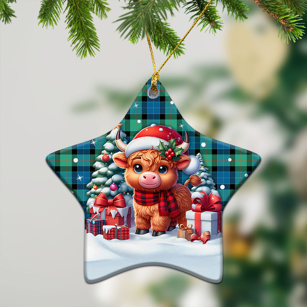 Gunn Ancient Tartan Christmas Ceramic Ornament - Highland Cow Winter Style