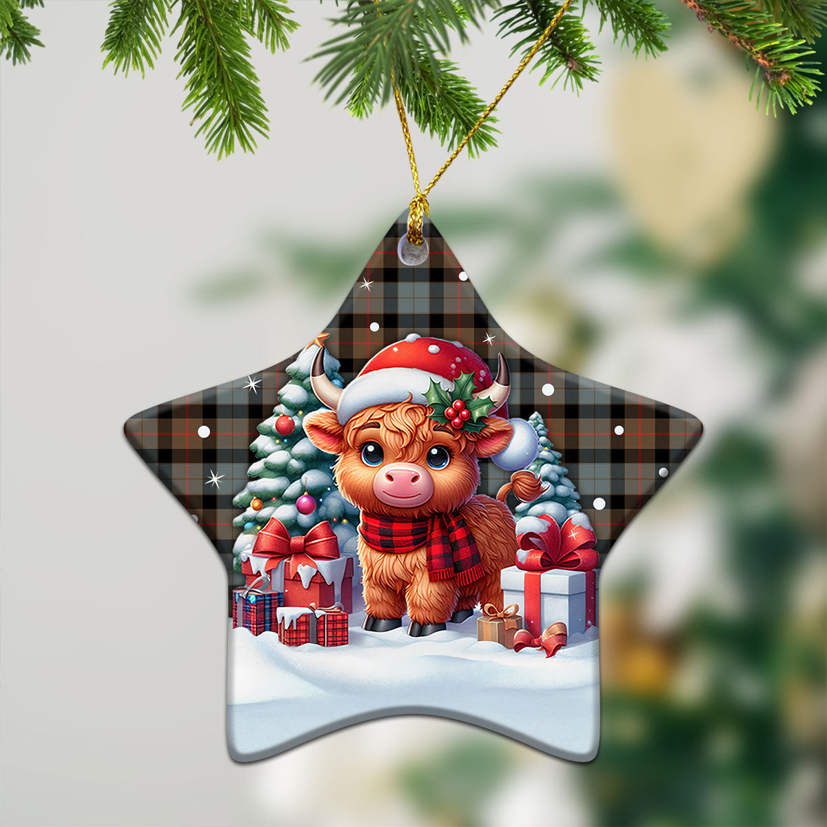 Gunn Weathered Tartan Christmas Ceramic Ornament - Highland Cow Winter Style