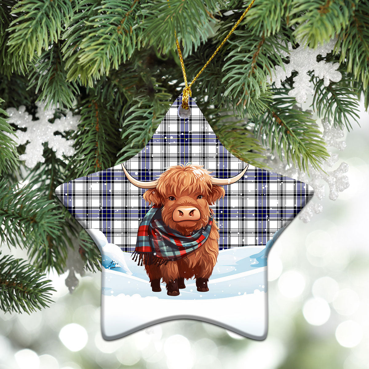 Hannay Modern Tartan Christmas Ceramic Ornament - Highland Cows Snow Style