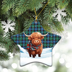 Hunter Ancient Tartan Christmas Ceramic Ornament - Highland Cows Snow Style