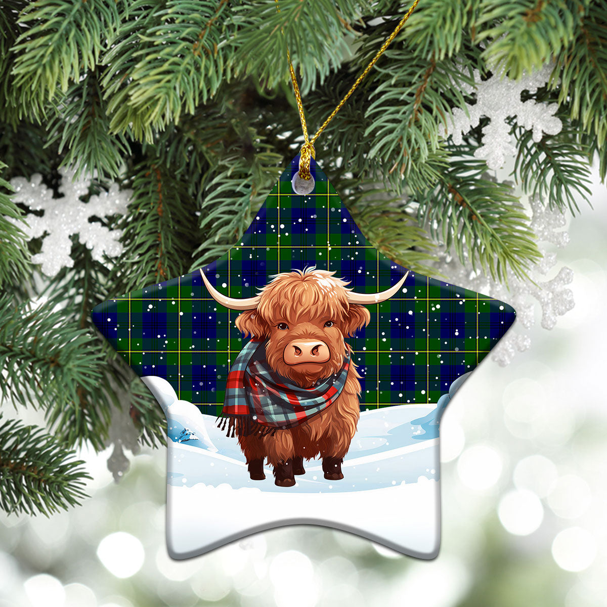 Johnson Modern Tartan Christmas Ceramic Ornament - Highland Cows Snow Style