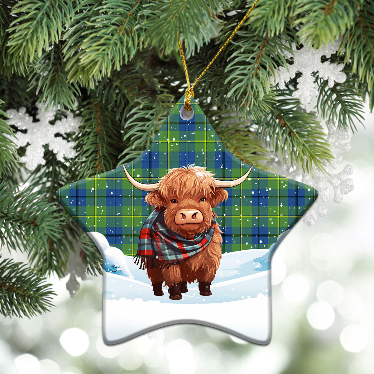 Johnston Ancient Tartan Christmas Ceramic Ornament - Highland Cows Snow Style