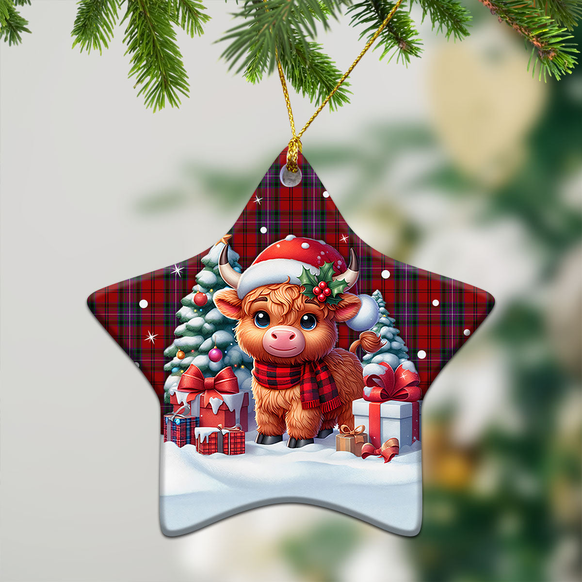 Kelly of Sleat Red Tartan Christmas Ceramic Ornament - Highland Cow Winter Style