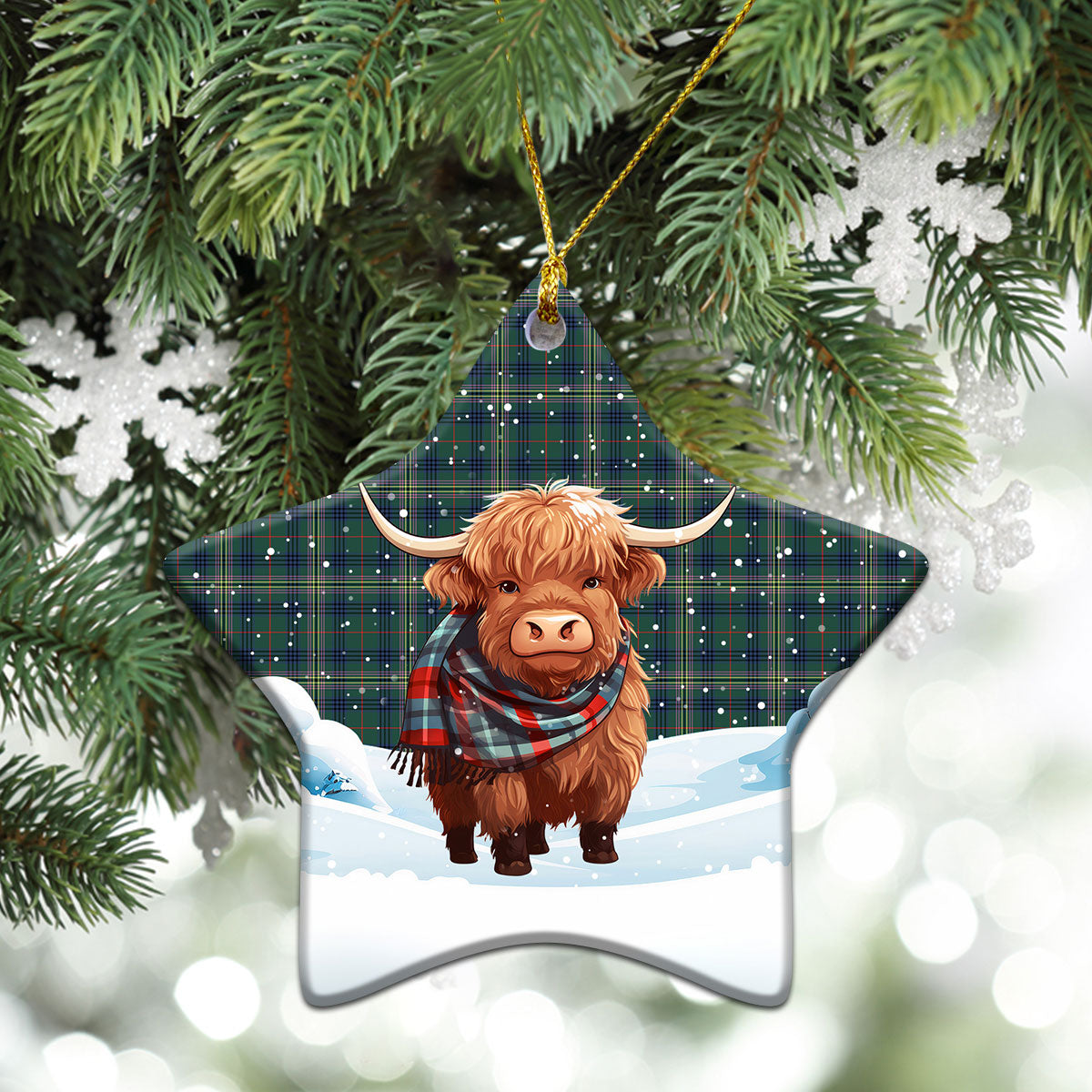 Kennedy Modern Tartan Christmas Ceramic Ornament - Highland Cows Snow Style