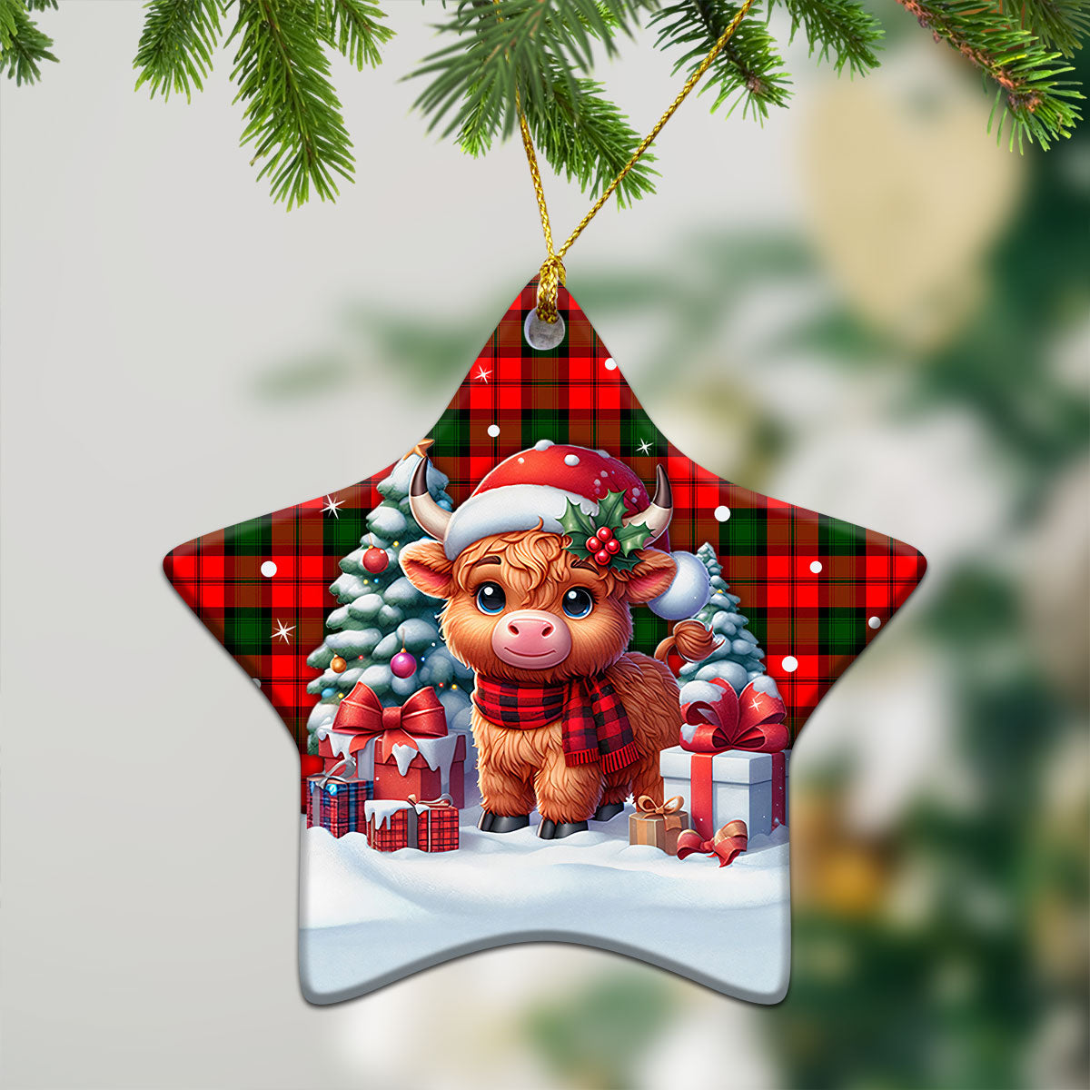 Kerr Modern Tartan Christmas Ceramic Ornament - Highland Cow Winter Style