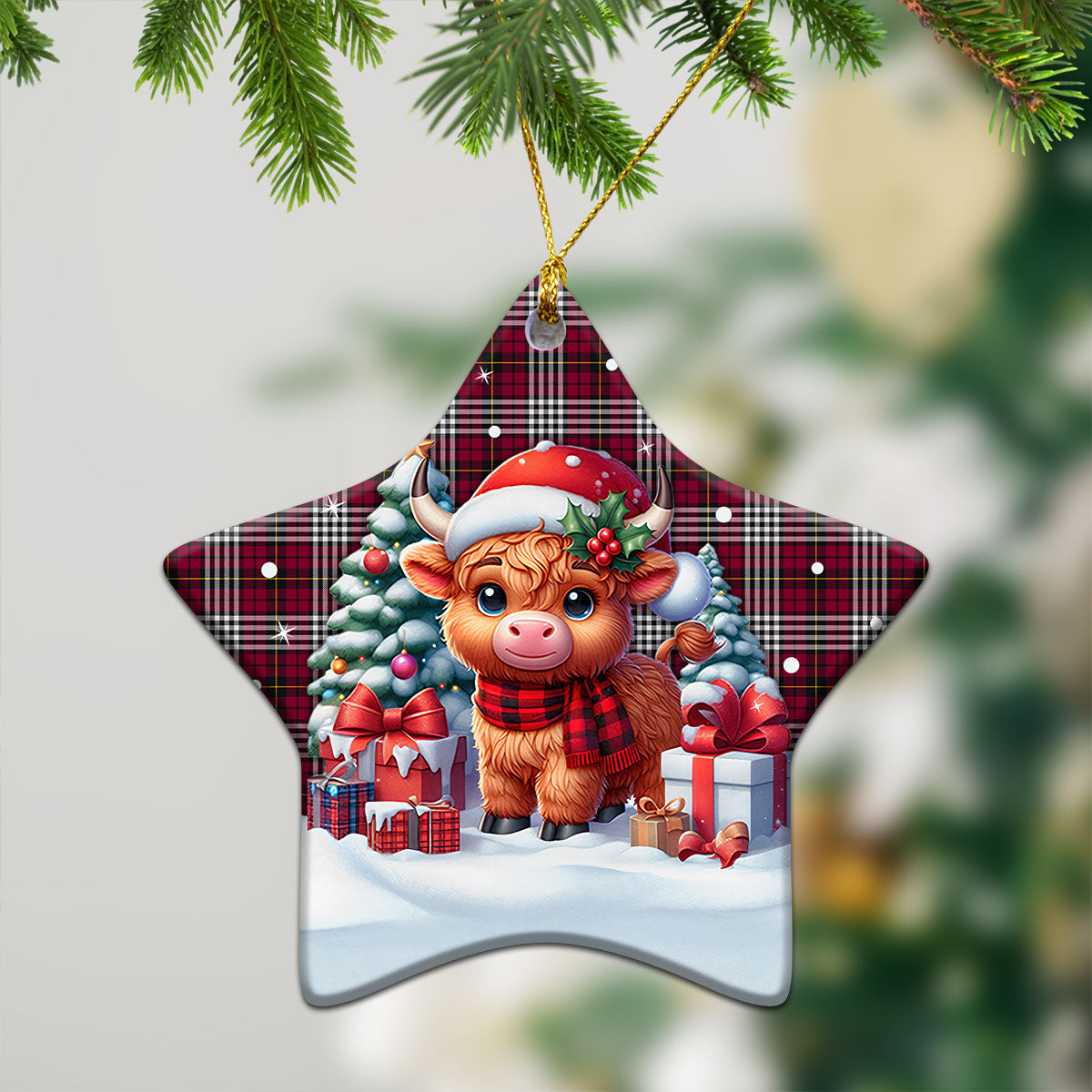 Little Tartan Christmas Ceramic Ornament - Highland Cow Winter Style