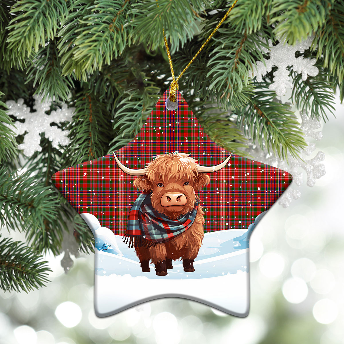 MacAlister Modern Tartan Christmas Ceramic Ornament - Highland Cows Snow Style