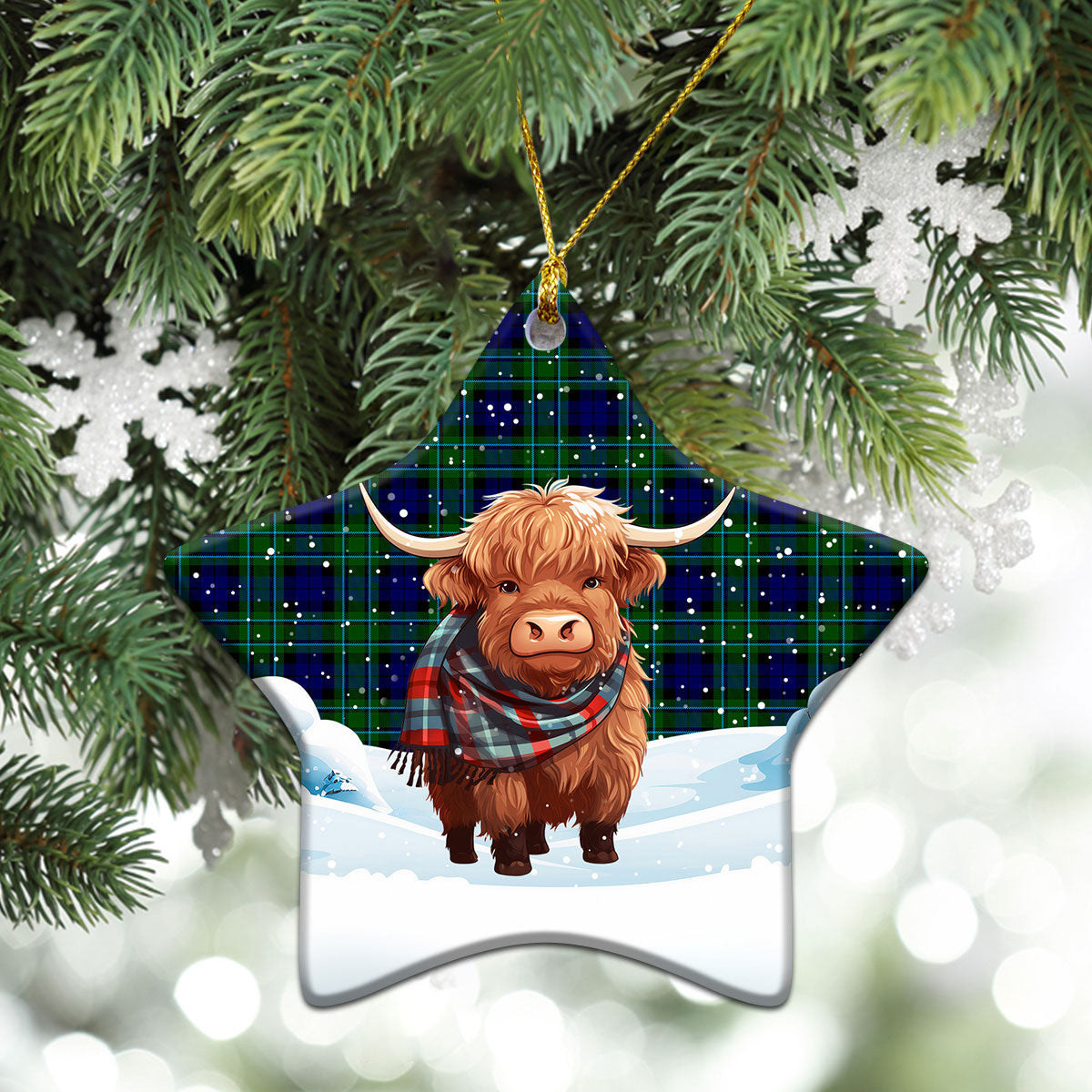 MacCallum Modern Tartan Christmas Ceramic Ornament - Highland Cows Snow Style