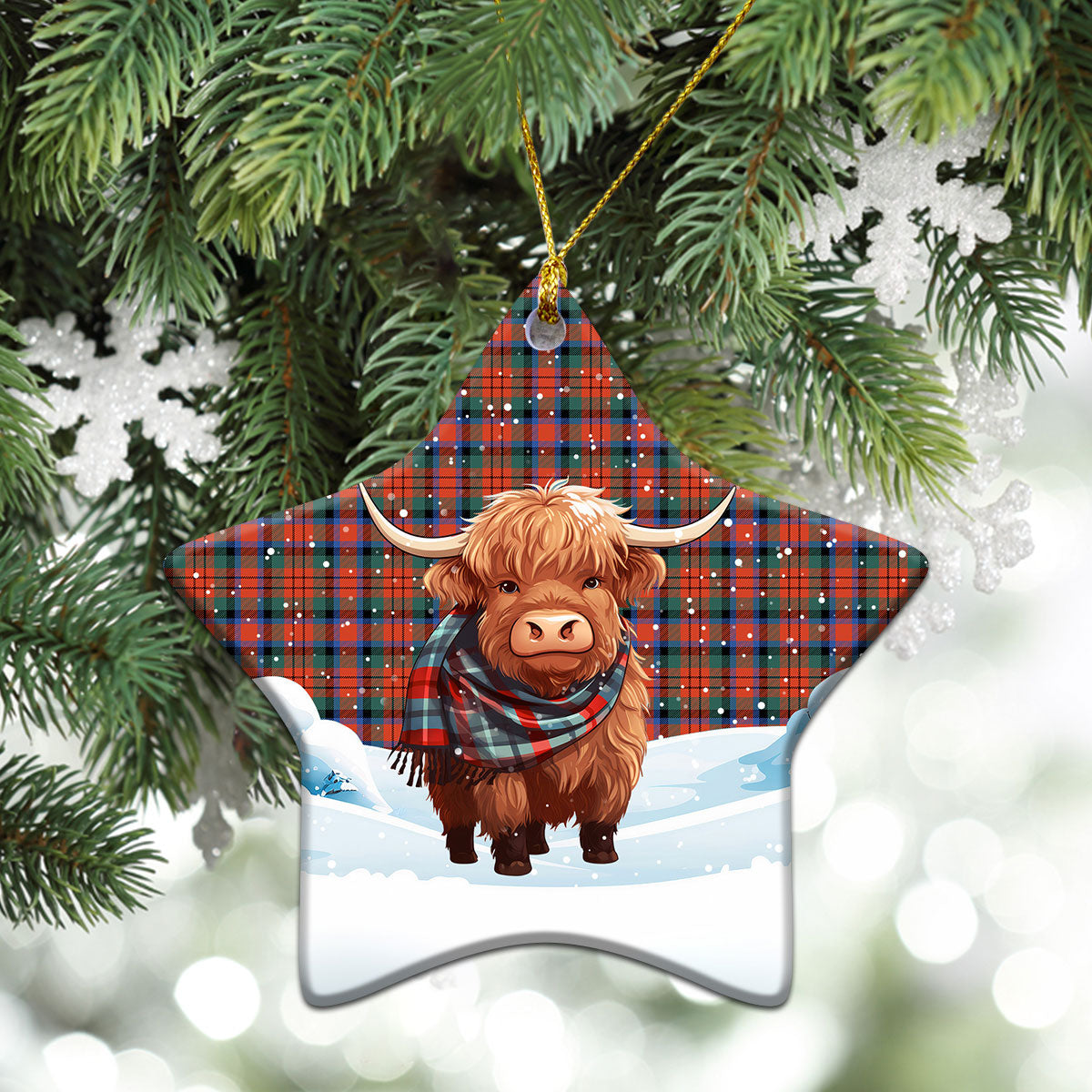 MacDuff Ancient Tartan Christmas Ceramic Ornament - Highland Cows Snow Style