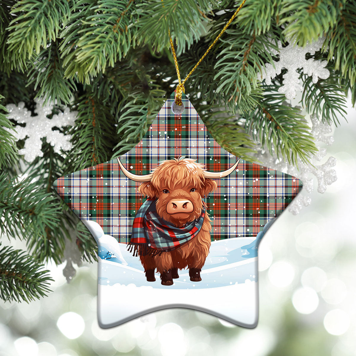 MacDuff Dress Ancient Tartan Christmas Ceramic Ornament - Highland Cows Snow Style