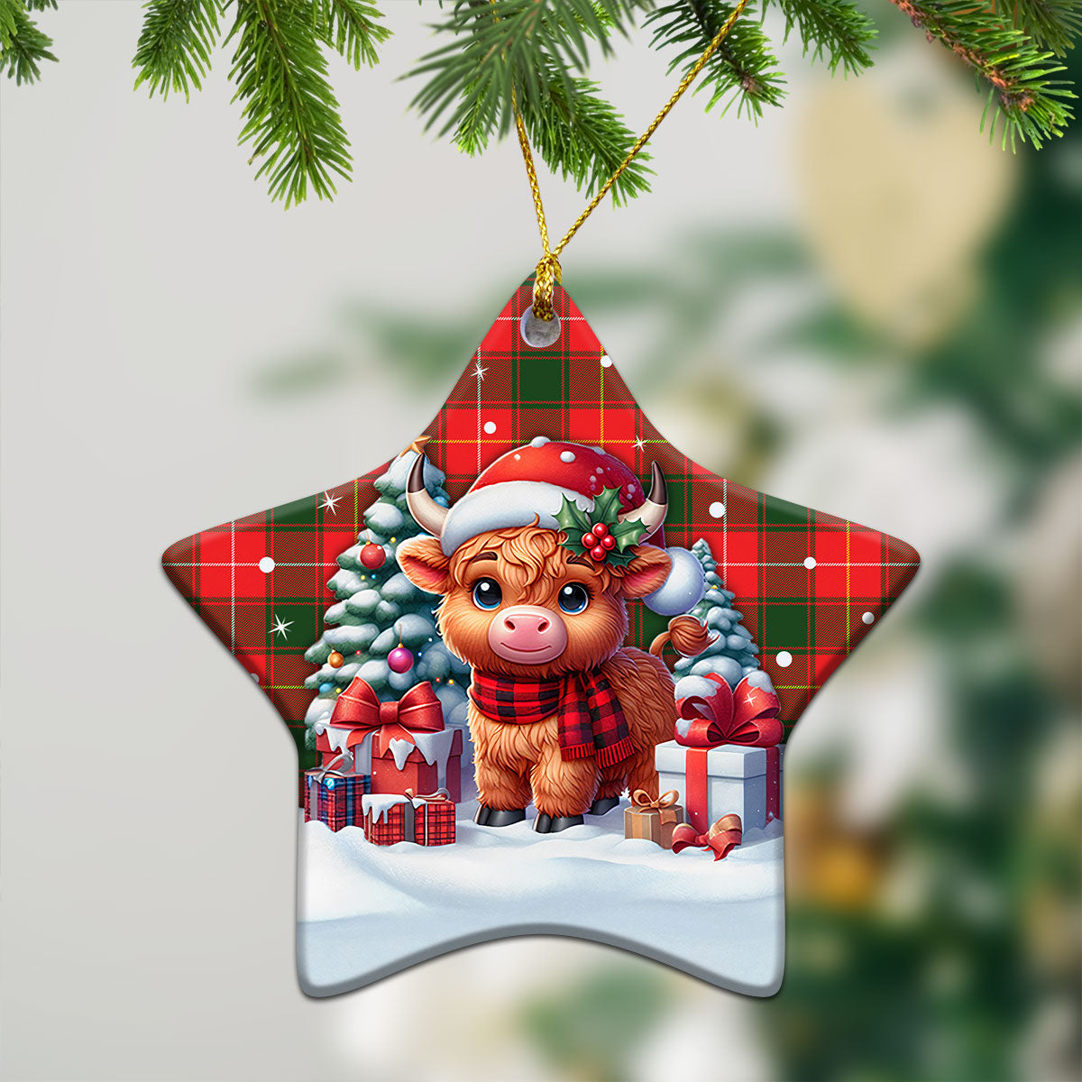 MacFie Tartan Christmas Ceramic Ornament - Highland Cow Winter Style