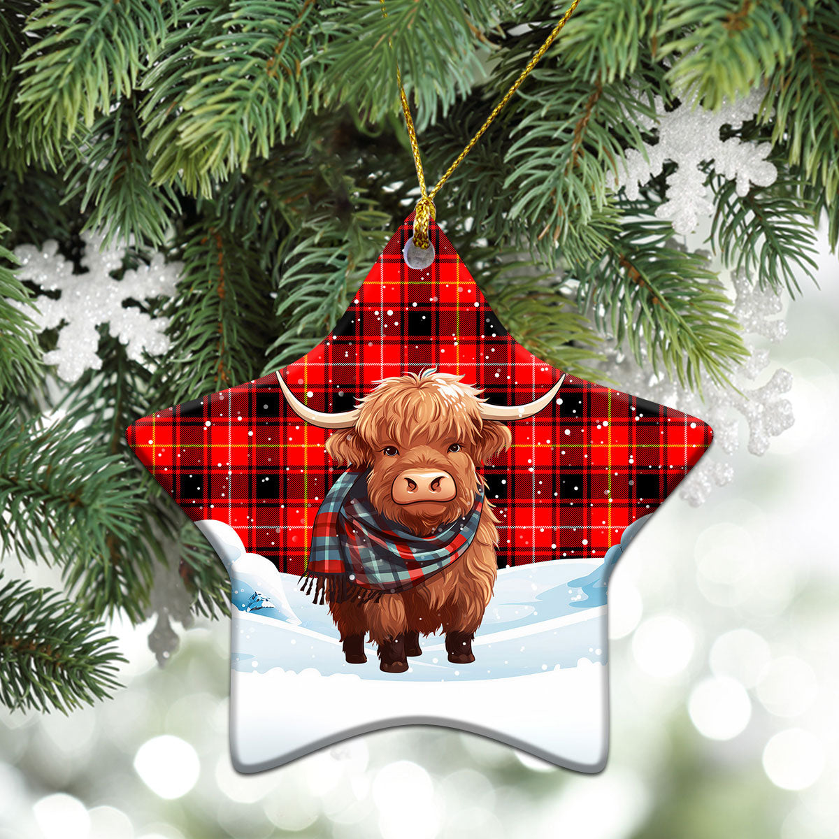 MacIver Modern Tartan Christmas Ceramic Ornament - Highland Cows Snow Style