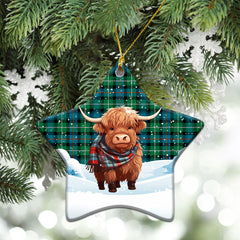 MacKenzie Ancient Tartan Christmas Ceramic Ornament - Highland Cows Snow Style