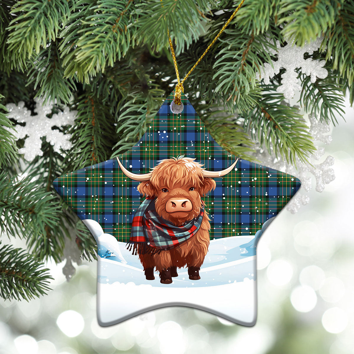 MacLaren Ancient Tartan Christmas Ceramic Ornament - Highland Cows Snow Style