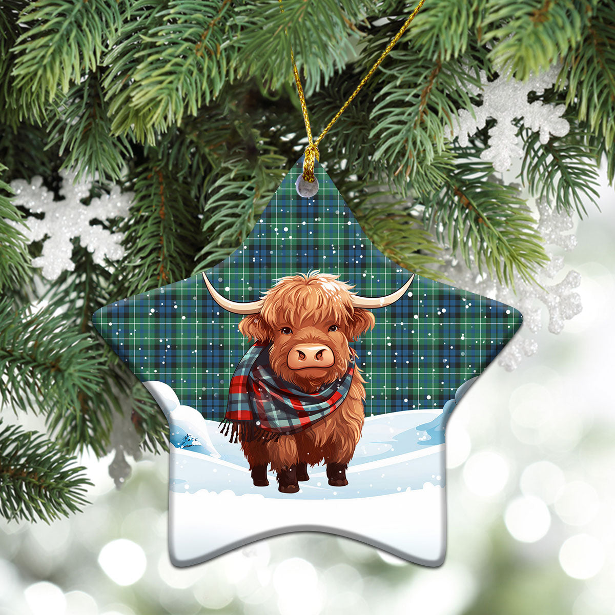 MacNeil of Colonsay Ancient Tartan Christmas Ceramic Ornament - Highland Cows Snow Style