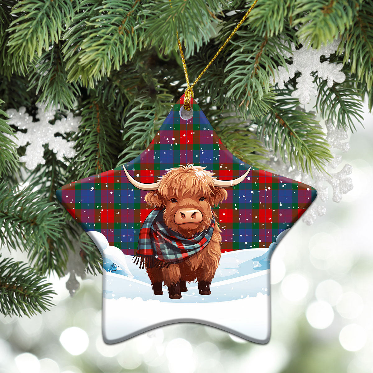 Mar Tartan Christmas Ceramic Ornament - Highland Cows Snow Style