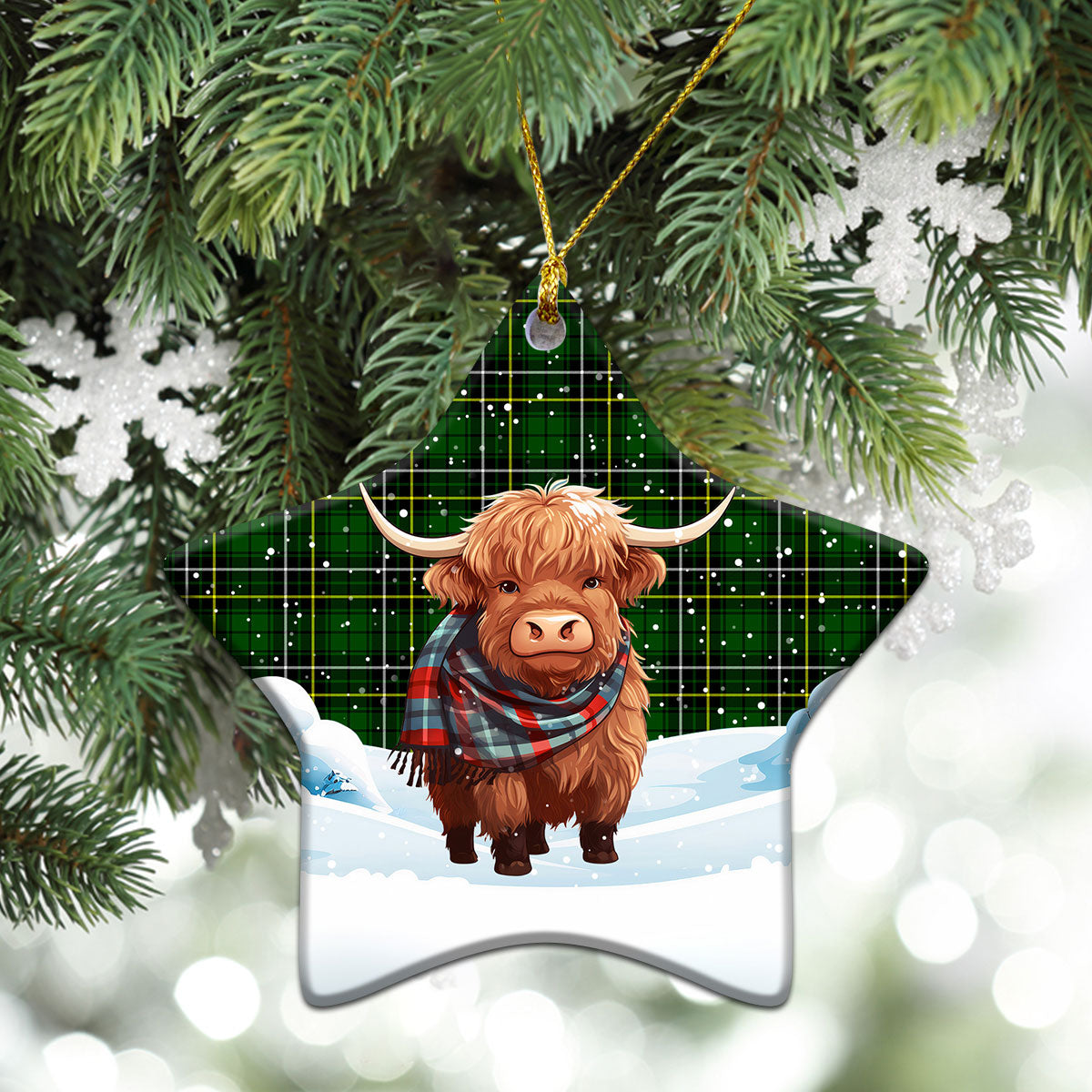 McAlpine Modern Tartan Christmas Ceramic Ornament - Highland Cows Snow Style