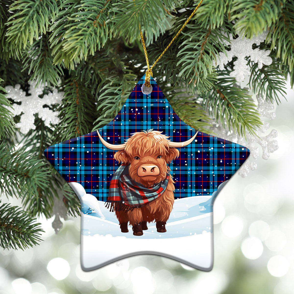 McCorquodale Tartan Christmas Ceramic Ornament - Highland Cows Snow Style